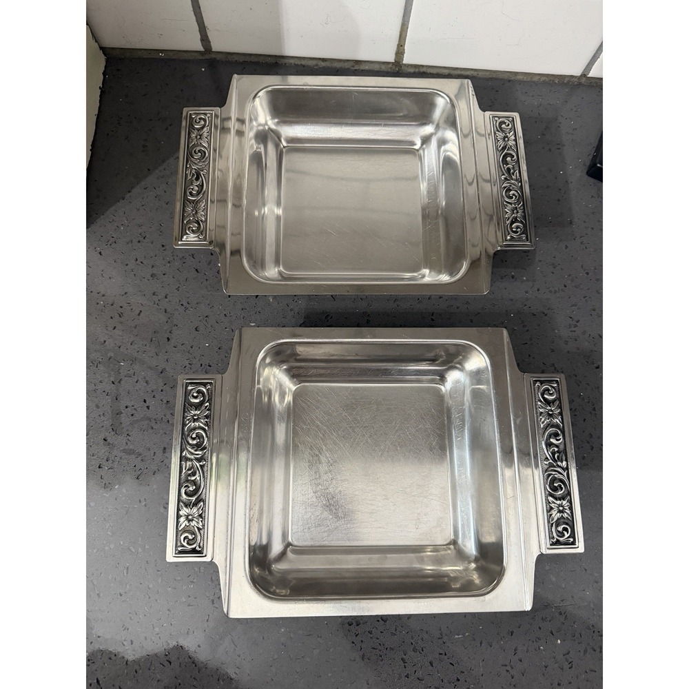 2 Vintage Stainless Steel Tray Serving Bowls Ornate Handles Dish 9.5"